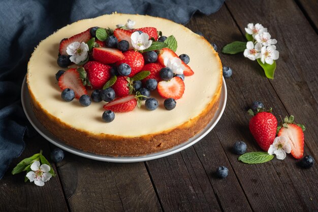 Homemade delicious cheesecake with fresh berries strawberry blueberry for a girl's birthday