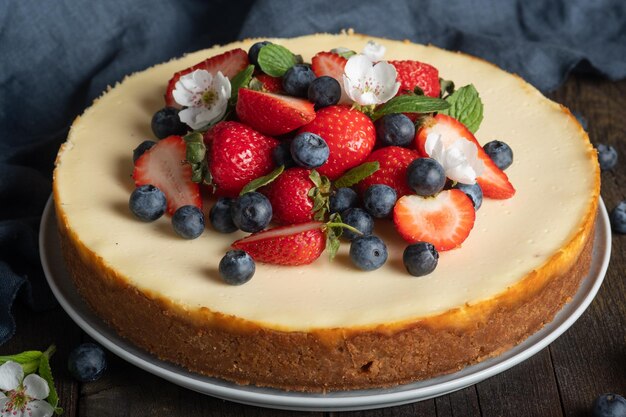 Homemade delicious cheesecake with fresh berries strawberry blueberry for a girl's birthday