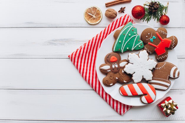 Homemade delicious Christmas gingerbread cookies on the plate.