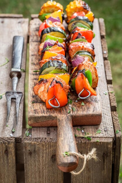 Homemade and delicious grilled skewers made of vegetables and meat