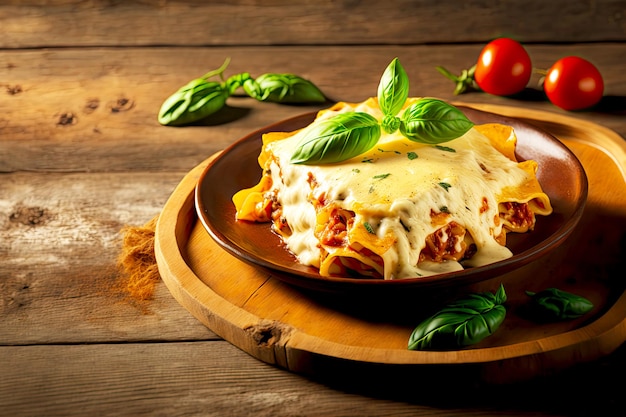 Homemade delicious lasagna in bechamel sauce with basil on wooden table