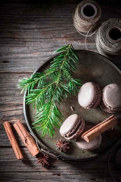 Homemade and delicious macaroons for Christmas with spruce