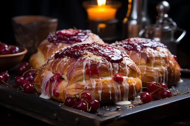 Foto pasticceria o pancake fatti in casa con frutta danese e ciliegie pasticceria danese e dessert