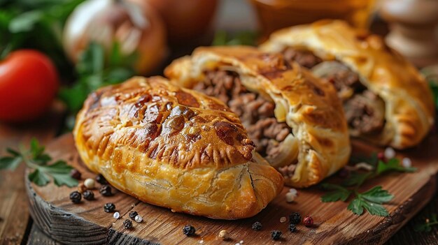 Photo homemade delicious puff pastry meat pies with parsley and spices on wooden table