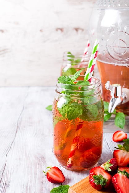 Homemade delicious strawberry compote in glass jar