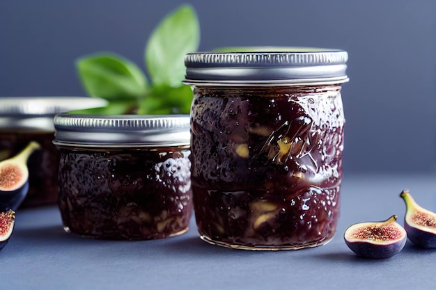 Homemade delicious sweet fig jam in clear glass jars