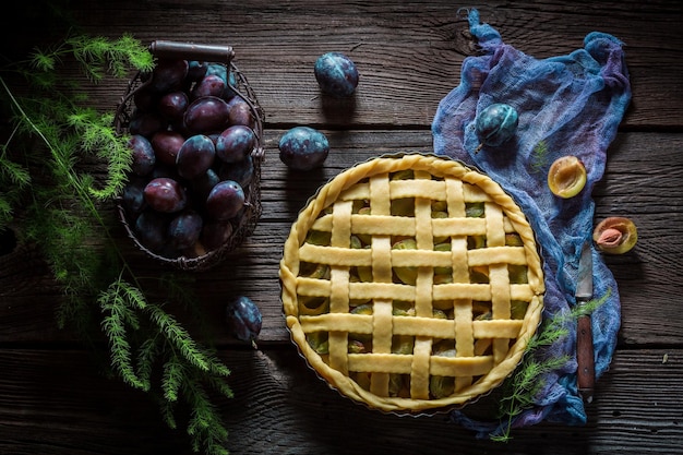 Homemade and delicious tart with plums made of fresh ingredients