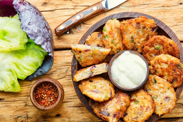 Homemade dietary cabbage cutlets.Tasty vegetable cutlets on the table.