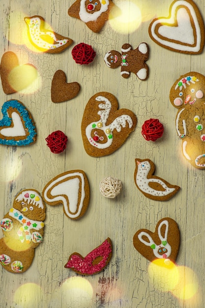 Homemade different delicious gingerbread cookies on table