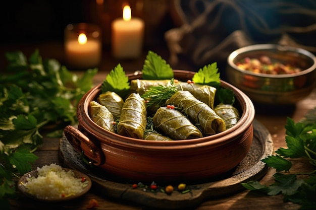 Photo homemade dolmades featuring grape leaves stuffed with rice