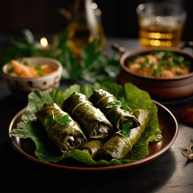 Photo homemade dolmades featuring grape leaves stuffed with rice