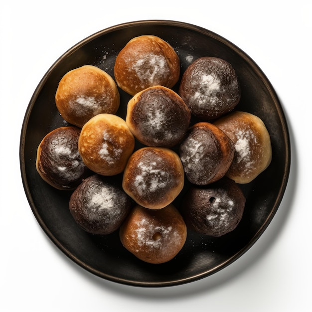 Homemade donuts in a black plate on a white background