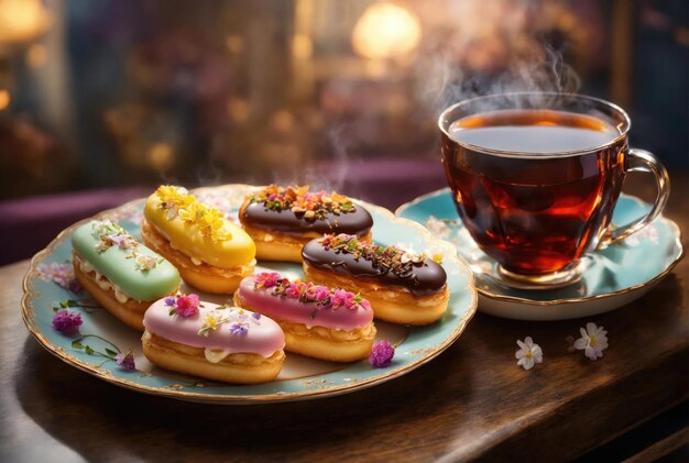 Homemade eclairs on a plate with a cup of tea