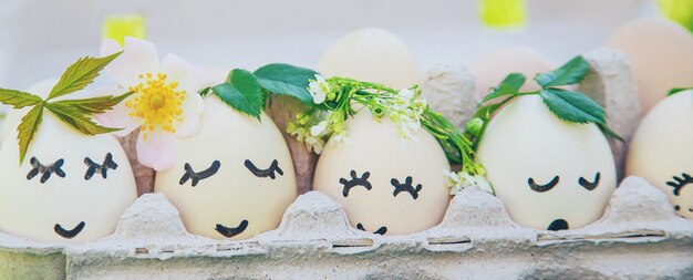 Photo homemade eggs with beautiful faces and a smile.