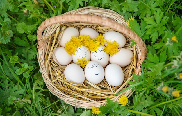 Photo homemade eggs with beautiful faces and a smile.