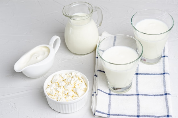 Homemade fermented milk products - kefir, cottage cheese, flat lay