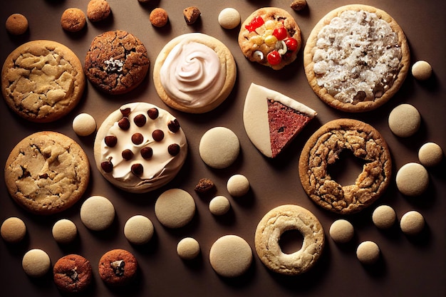 Homemade festive pastries with cream and chocolate Oatmeal cookies on dark background