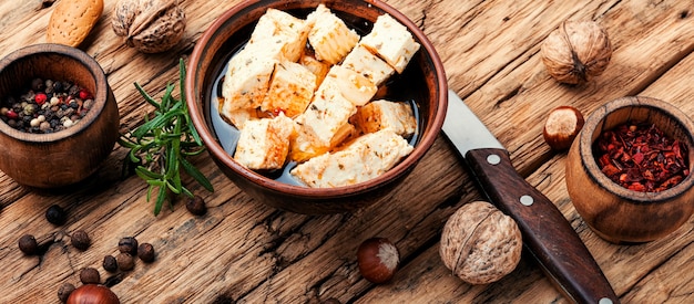 Homemade feta cheese with herbs