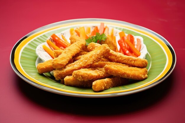 A homemade fish finger on a colorful plate