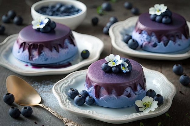 Homemade fluffy mousse cakes with bright blueberry filling created with generative ai