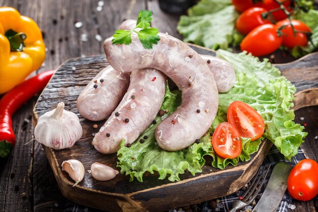 Homemade food, chicken sausages, large raw on a kitchen cutting board, cherry tomatoes and lettuce