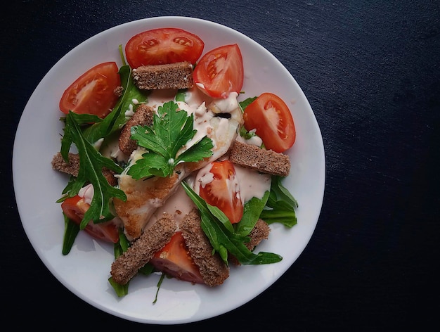 Homemade food Healthy salad with fish and rye bread