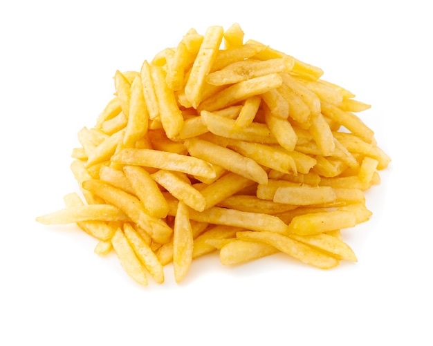 Homemade french fries. Stacked by a large slide. Close-up. White background. Isolated.
