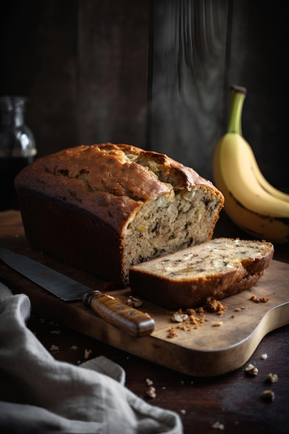 Homemade fresh banana bread with walnut on a rustic background Generated AI