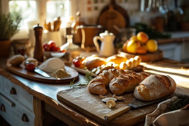 自家製の新鮮で大きいパンと 素材 居心地の良い田舎のキッチン料理の構成