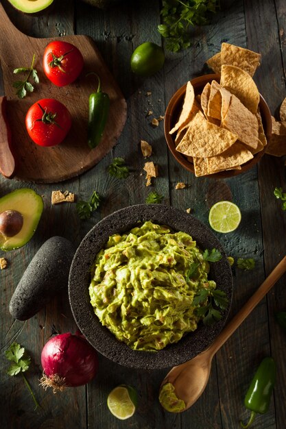 Homemade Fresh Guacamole and Chips Ready to Eat