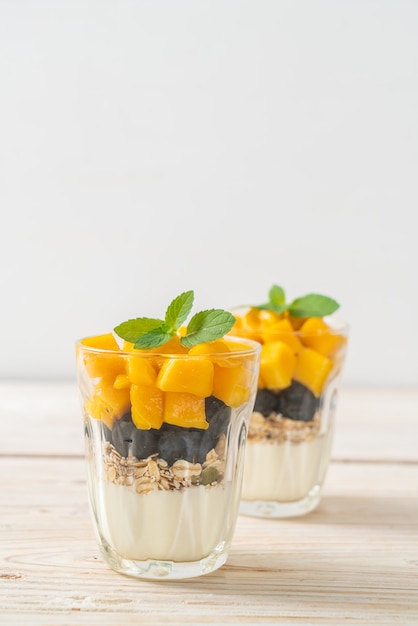 Mango fresco fatto in casa e mirtillo fresco con yogurt e muesli - stile di cibo sano