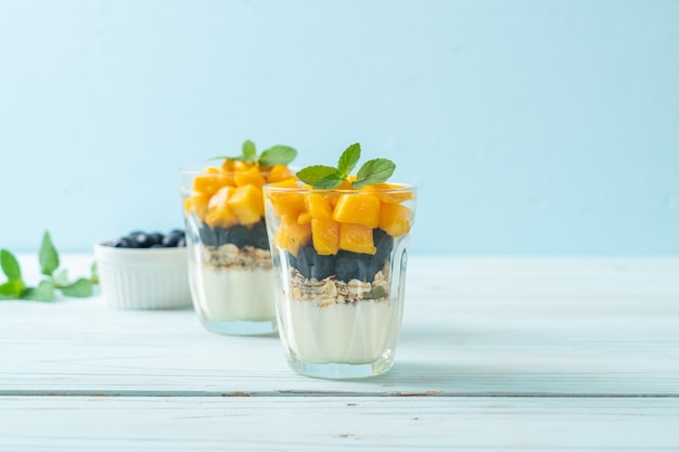 homemade fresh mango and fresh blueberry with yogurt and granola - healthy food style