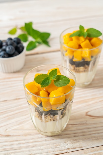 Homemade fresh mango and fresh blueberry with yogurt and granola - healthy food style