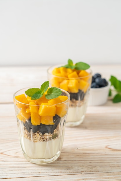 homemade fresh mango and fresh blueberry with yogurt and granola - healthy food style