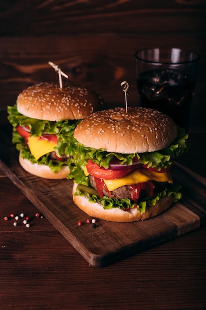 Homemade fresh tasty burgers with lettuce and cheese
