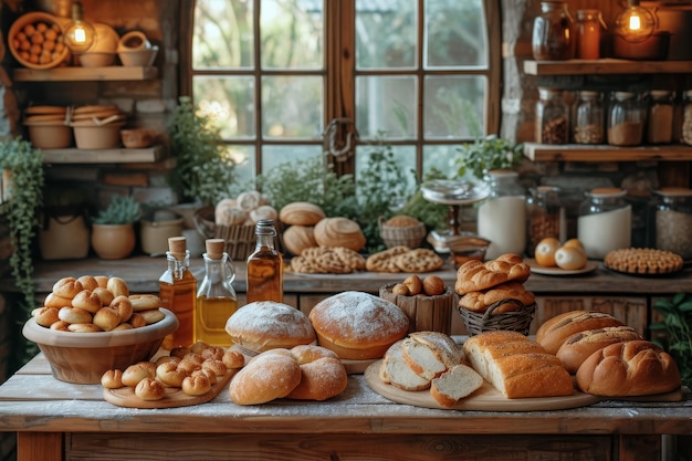 homemade freshly baked sourdough bread and pastries on a rustic cozy kitchen