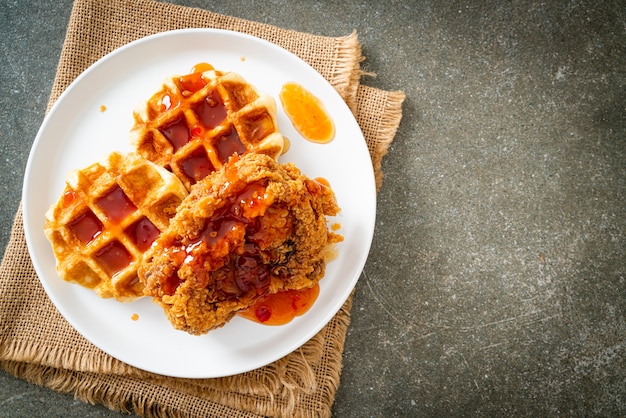 homemade fried chicken with waffle and spicy sauce