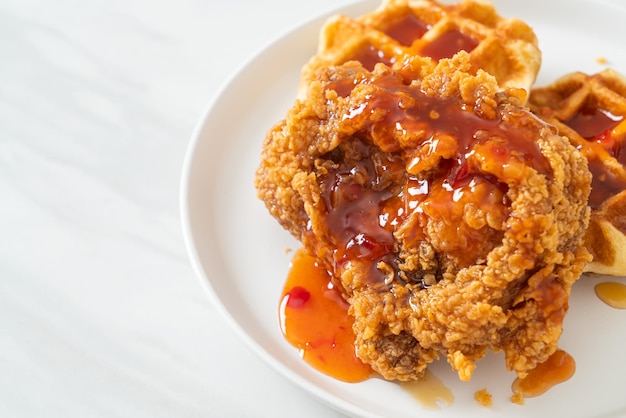 Homemade fried chicken with waffle and spicy sauce