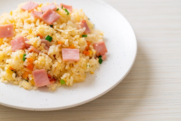 Homemade fried rice with ham on plate