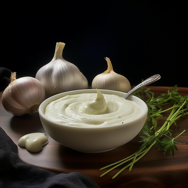 Photo homemade garlic mayonnaise with green scent