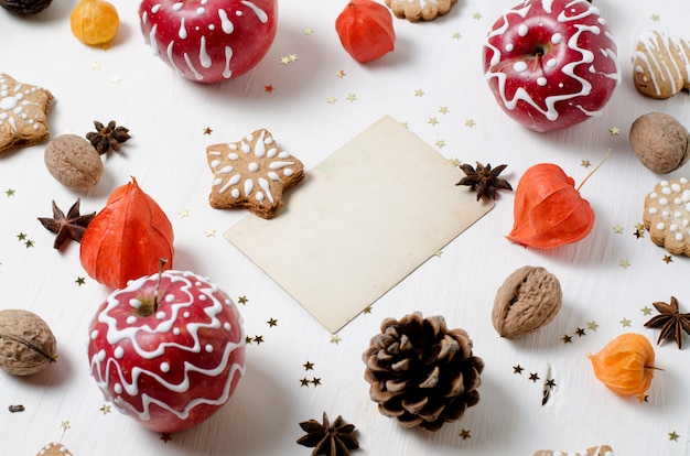 Homemade gingerbread cookies, painted apple. Trendy Christmas