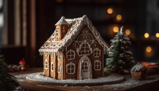 Homemade gingerbread cookies with icing and candy decoration on table generated by AI