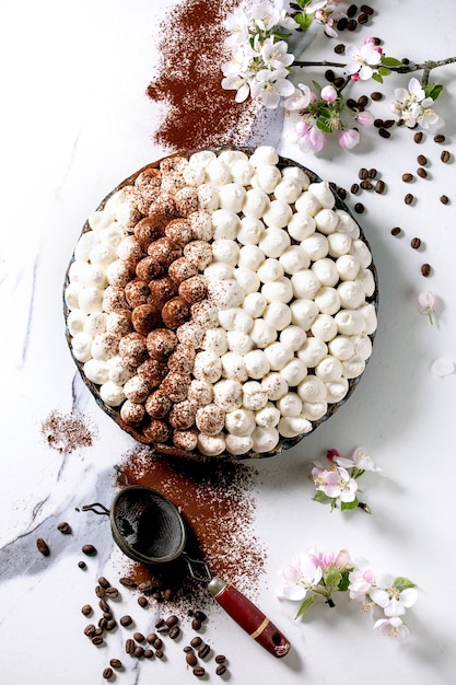 Tiramisù fatto in casa senza glutine tradizionale dolce italiano cosparso di cacao in polvere decorato con melo in fiore e chicchi di caffè su superficie di marmo bianco. vista dall'alto, piatto. copia spazio