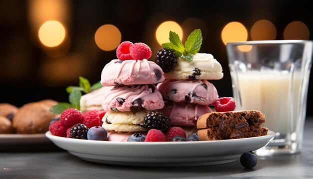 Photo homemade gourmet dessert fresh berry ice cream on wooden table generated by ai