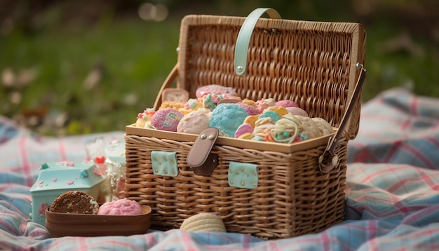 Homemade gourmet desserts in wicker picnic basket generated by AI