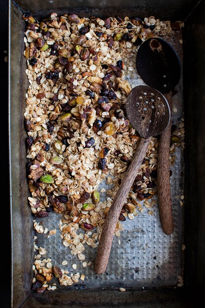 Homemade granola in a baking tray