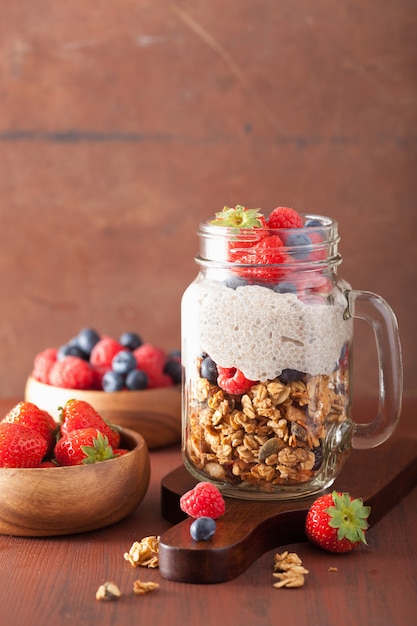 Homemade granola and chia seed pudding with berry healthy breakfast