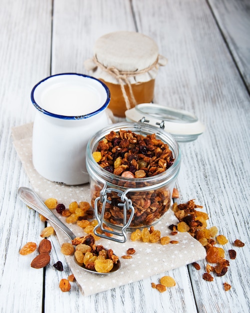 Photo homemade granola in open glass jar