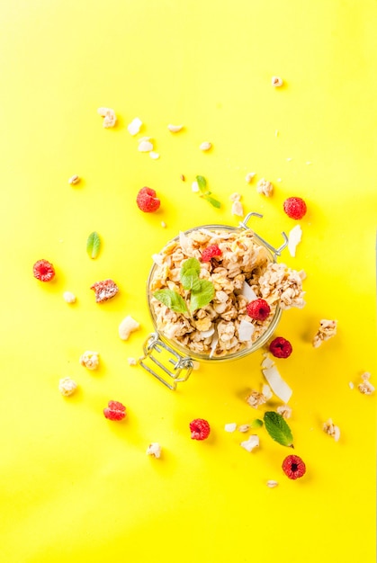 Homemade granola with berries and mint