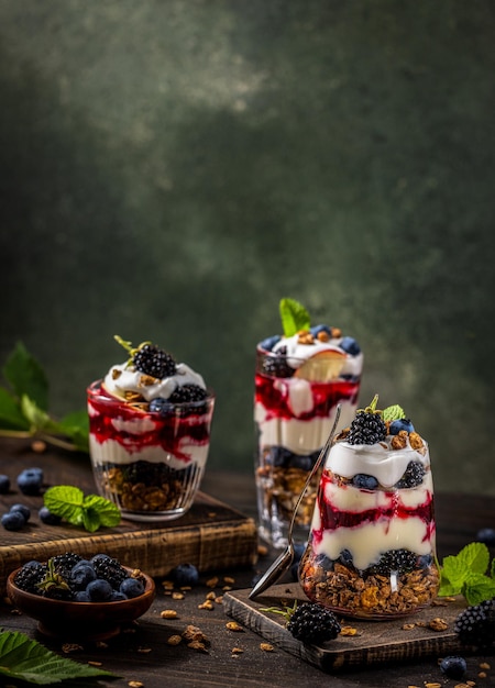 Homemade granola with greek yogurt berries jam and fresh blackberries and blueberries in glasses